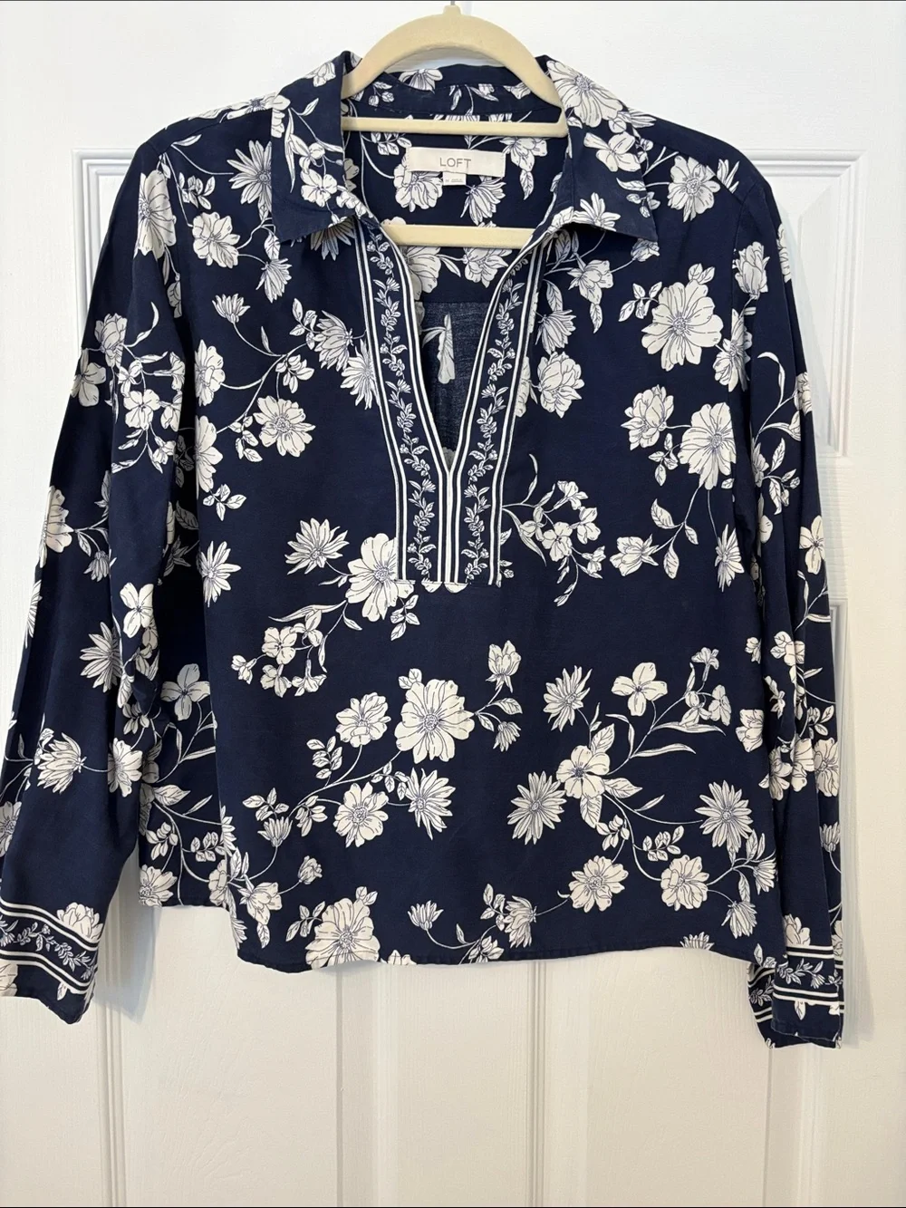 LOFT Navy Floral Split V Popover Tunic
